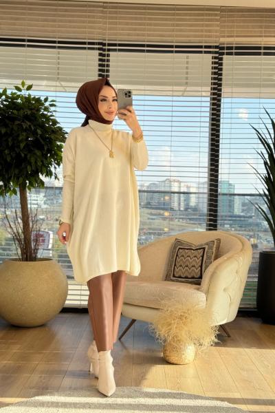 4763 Yarasa Kol Triko Tunik Ekru