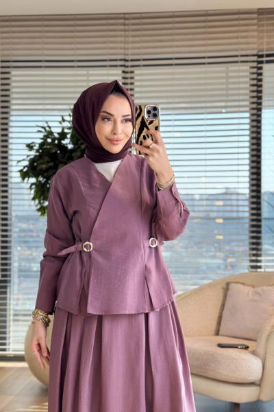 4904 Ön Kruvaze Kuşaklı Etekli Takım Mürdüm