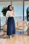 5004 Beli Lastikli Kırışık Etek Lacivert