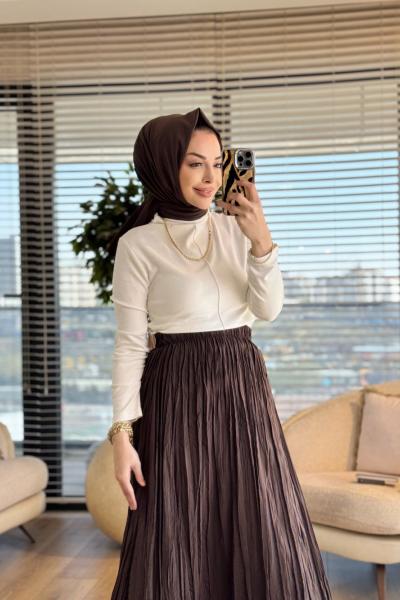 5004 Beli Lastikli Kırışık Etek Kahve