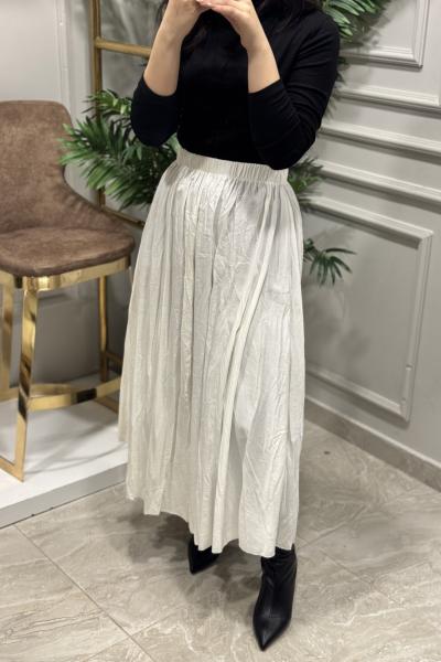 5004 Beli Lastikli Kırışık Etek Ekru