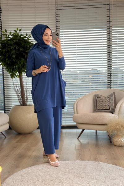 5015 Yanları Cepli Sandy Takım İndigo