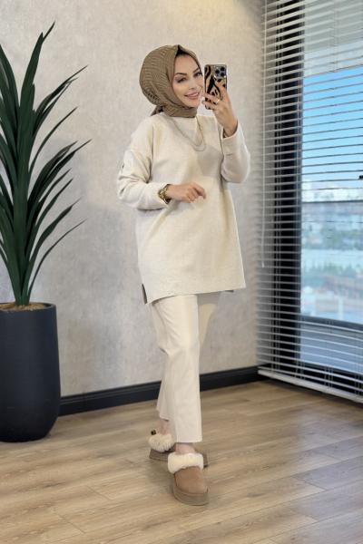 5046 Simli Kolu Katlamalı Triko Tunik Bej