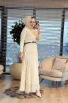 5280 Dantel Kemerli Elbise Bej