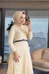 5280 Dantel Kemerli Elbise Bej