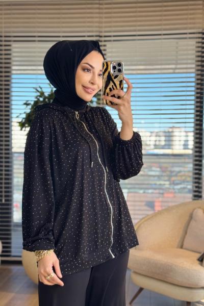 52838 Taş Baskılı Fermuarlı Pantolonlu Takım Siyah