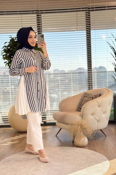 5500 Çizgili Yanları Fermuarlı Ve Piliseli Uzun Gömlek Siyah