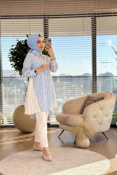 5500 Çizgili Yanları Fermuarlı Ve Piliseli Uzun Gömlek Mavi