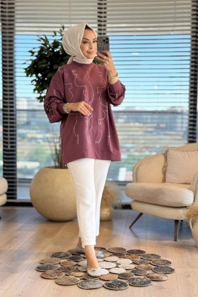 5521 Önü Kolu Çubuk Boncuk İşli Tunik Gül