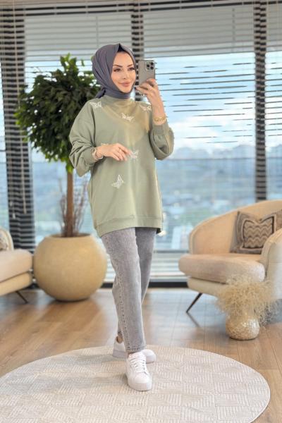5529 Ön Serpme Boncuk Kelebek İşli Tunik Çağla