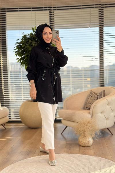 5577 Kendinden Yaprak Baskı Fermuarlı Kap Siyah