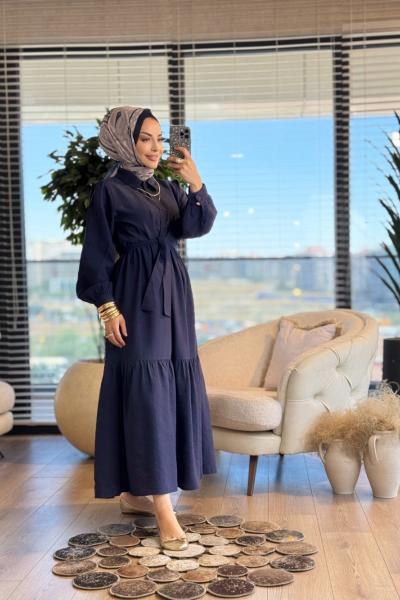 5677 Üç Katlı Düğmeli Elbise Lacivert