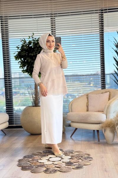 573 Önü Çapraz Şifon Katkatlı Bluz Bej