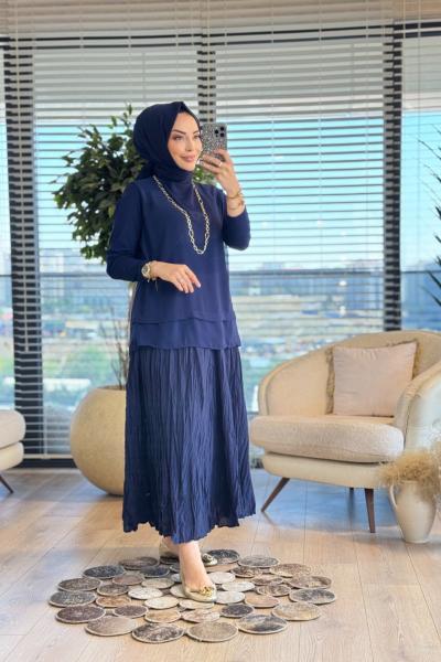 575 Önü Şifonlu Uzun Kol Bluz Lacivert