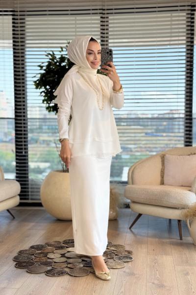 575 Önü Şifonlu Uzun Kol Bluz Ekru