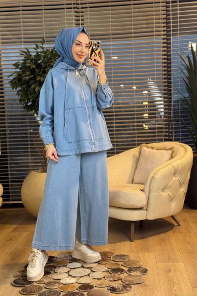 6036 Kapşonlu Fermuarlı Tencel Takım Mavi