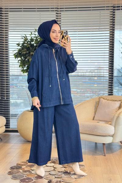 6036 Kapşonlu Fermuarlı Tencel Takım Lacivert