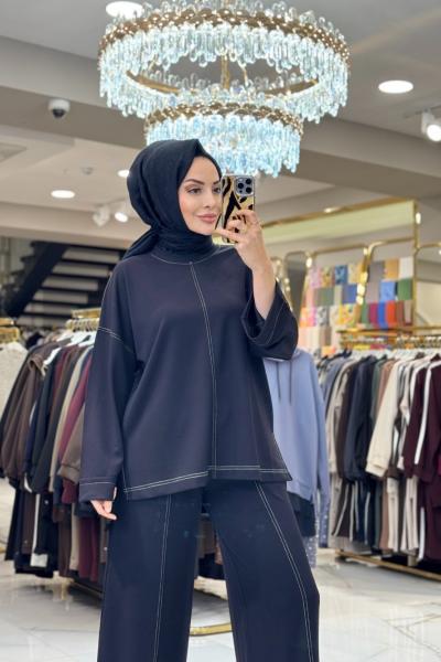 6070 Ön Ve Etek Ucu Dikiş Detaylı Takım Siyah