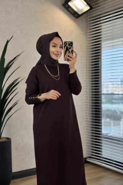 6109 Manşeti Düğme Detaylı Triko Elbise Kahve