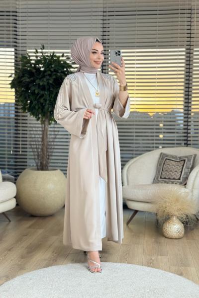 6136 Kolları Elişi Taş İşlemeli Abaya Bej
