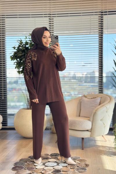 6870 Kolları İşli Triko Takım Kahve
