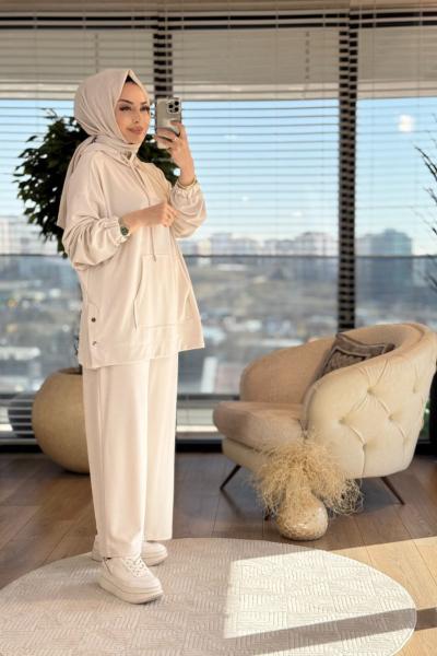 70079 Yandan Düğmeli Kapşonlu Takım Bej