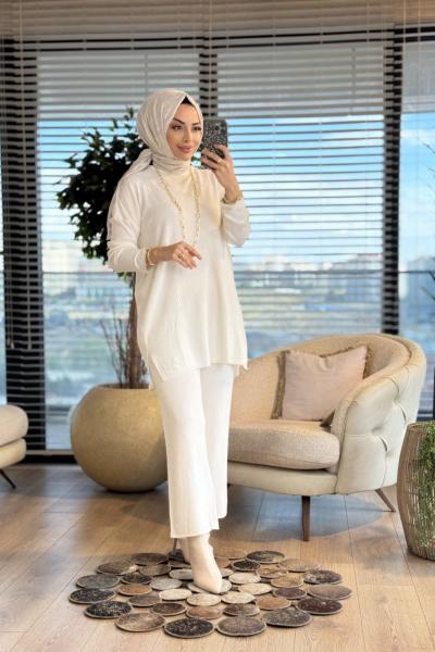 7016 Vanezia Fitilli Triko Pantolonlu Takım Ekru