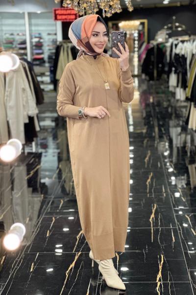 7017 Öpücük Yaka Vanezia Triko Elbise Latte