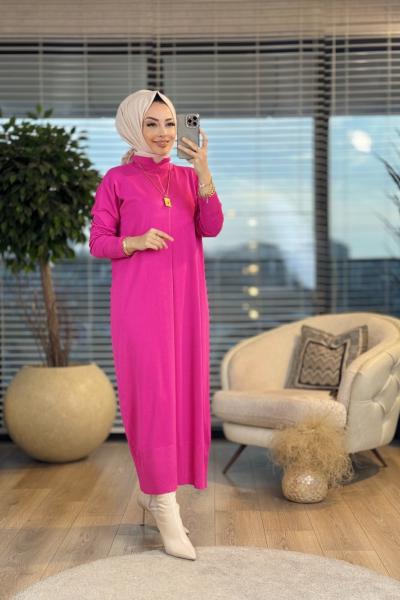 7017 Öpücük Yaka Vanezia Triko Elbise Fuşya