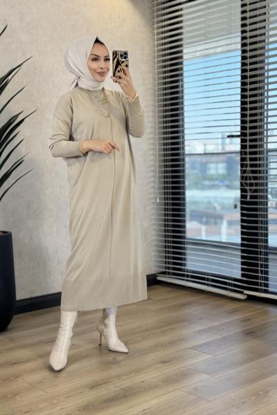 7017 Öpücük Yaka Vanezia Elbise Bej