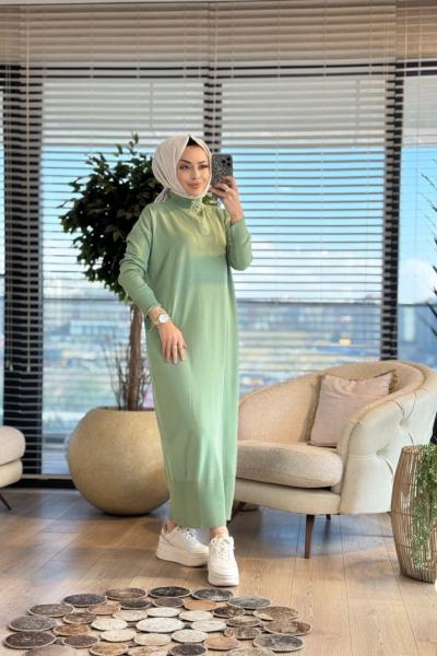 7025 Patı Fermuarlı Vanezia Elbise Çağla