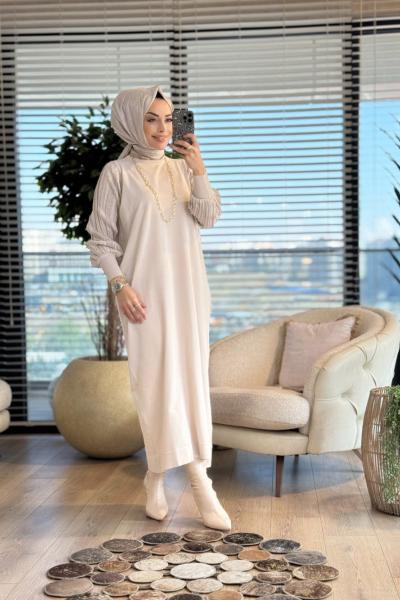 7046 Kolları Piliseli Simli Vanezia Elbise Bej