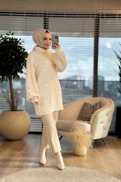 7089 Üst Baklava Kabartma Nakış Triko Tunik Ekru