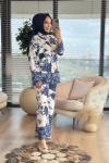 71086 Saten Gül Desenli Takım Lacivert
