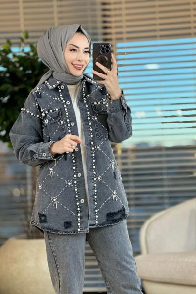 7121 Ön Baklava Taş Ve İnci Detaylı Kot Ceket Antrasit