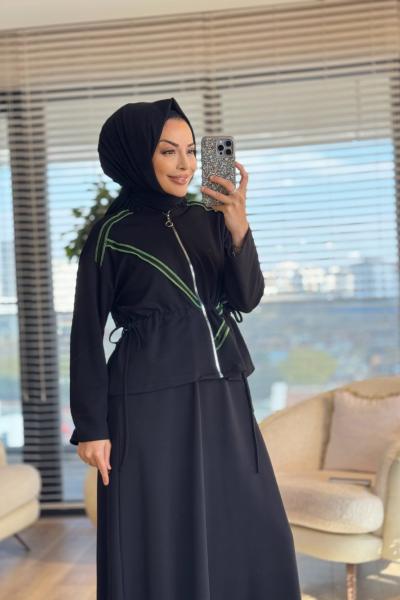 72020 Dikiş Detaylı Fermuarlı Etekli Takım Siyah