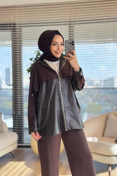 72093 Önü Ve Kapşonu Deri Detaylı Takım Kahve