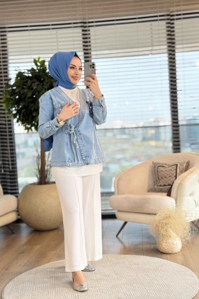 7247 Kot Yandan Bağlamalı Taş İşlemeli Ceket Mavi