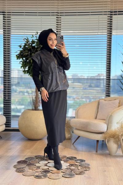 7260 Elbise Üstü Yelekli İkili Takım Siyah