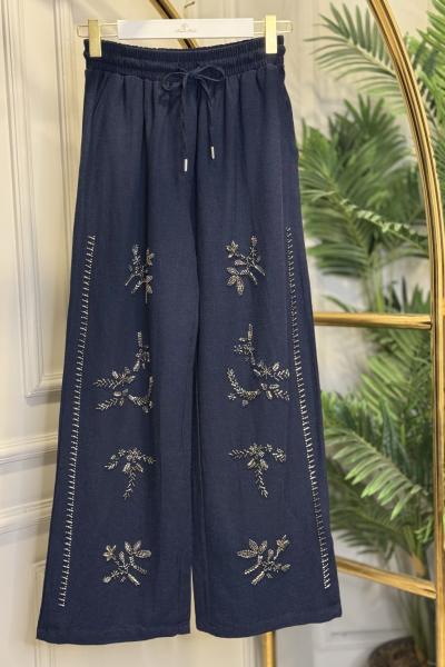 7264 Keten Önü Boncuk İşlemeli Pantolon Lacivert