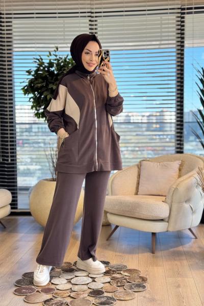 73076 Yanları Cepli Fermuarlı Takım Kahve