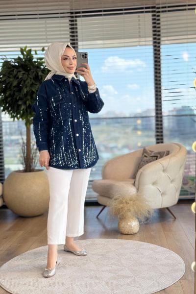 7327 Ön Ve Kolu Serpme Taşlı Kot Ceket Lacivert