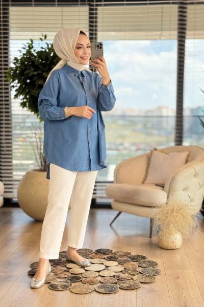 7351 Tencel Gömlek Mavi