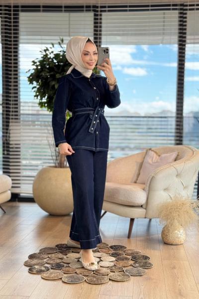 7360 Kot Kalın Kuşaklı Dikişli Takım Lacivert