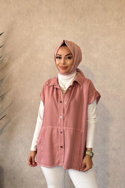 7441 Tencel Ön Dikişli Ve Cepli Yelek Gül
