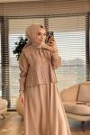 7457 Pileli Gold Düğmeli Etekli Takım Bej