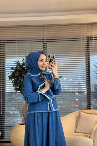 7475 Tencel Saçak Detaylı Etekli Takım Lacivert