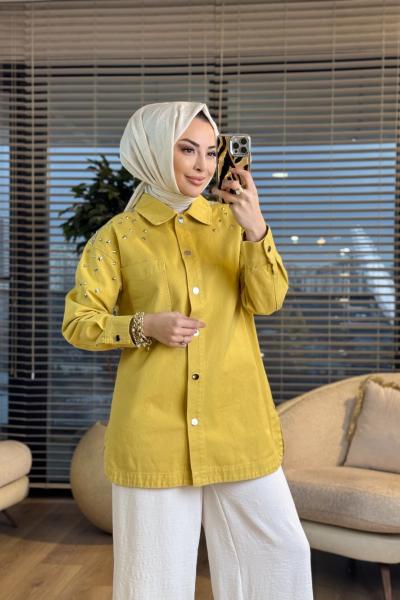 7486 Omuz Zımba Yıldız Detaylı Kot Ceket Sarı