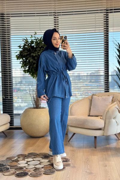 7498 Kot Ön Parça Dikiş Detay Bağcıklı Takım Mavi