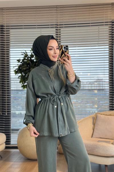 7498 Kot Ön Parça Dikiş Detay Bağcıklı Takım Haki